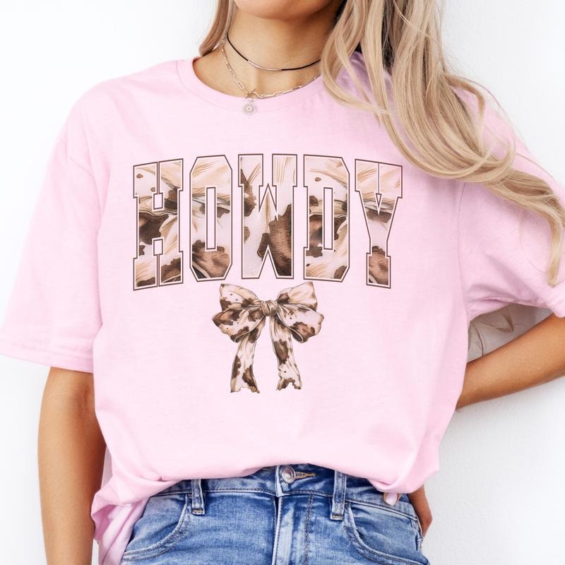 Coquette Howdy Western Tee Country Howdy Cowhide Tshirt Country Western Tee Girly Howdy Western T-Shirt Cow Print Bow Tshirt