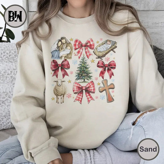 Coquette Jesus Christmas  Sweatshirt, Baby Jesus Shirt, Christian Christmas Shirt, Coquette Bow Shirt, Bible Verse Shirt, Nativity Scene Shirt, Oh Holy Night