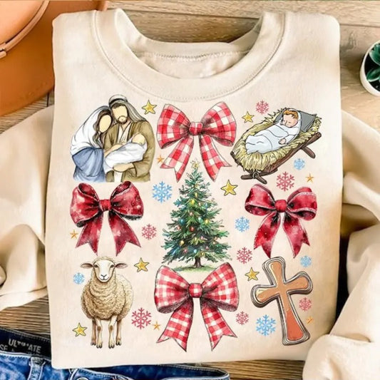 Coquette Jesus Christmas Shirt, Baby Jesus Tee, Christian Christmas Sweatshirt, Coquette Bow, Bible Verse , Nativity Scene , Oh Holy Night
