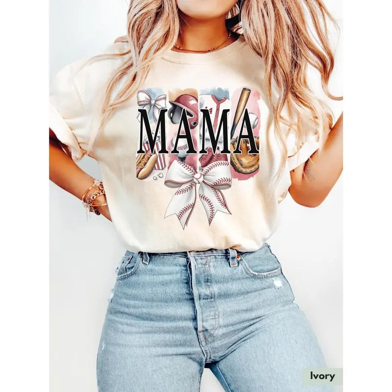 Coquette Mama Baseball T-Shirt, Baseball Mom Shirt for Womens, Baseball Gift, Baseball Lover Gift, Baseball Season Bow T-Shirt
