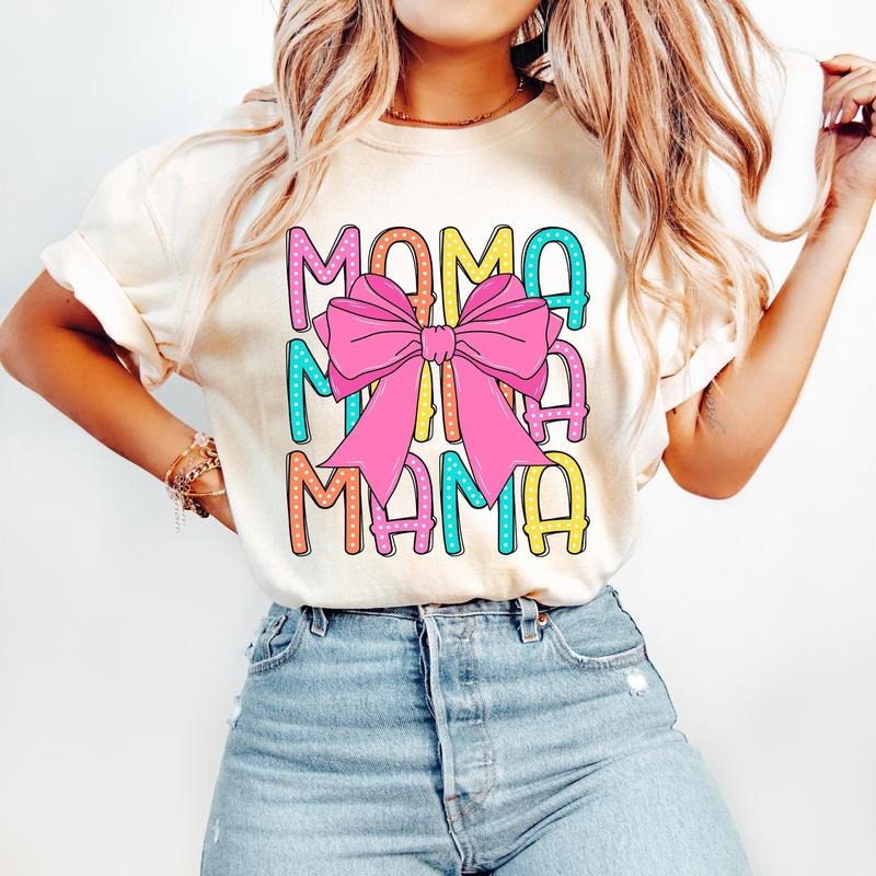Coquette Mama T-Shirt, Mama Coquette Bow T-Shirt, Gift for Mom, Bright Doodle Dots,Mom Life Shirt, Retro Mama T-Shirt,Trendy Mother T-Shirt