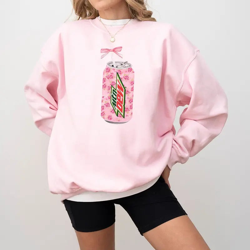 Coquette Mtn Dew Sweatshirt, Floral Mtn Dew Shirt, Cute Baby Pink Bow Tee, Coquette Pink Bow Tee, mtn dew shirt, Trendy Soda Can With Roses, Fun Mtn Dew Lover Gift