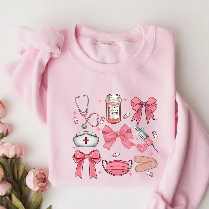Coquette Nurse Sweatshirt, Pink Bow Nurse Sweatshirt, Girl Nurse Sweater,Softcore Nurse Graduation, Girly Nurse Birthday Gift