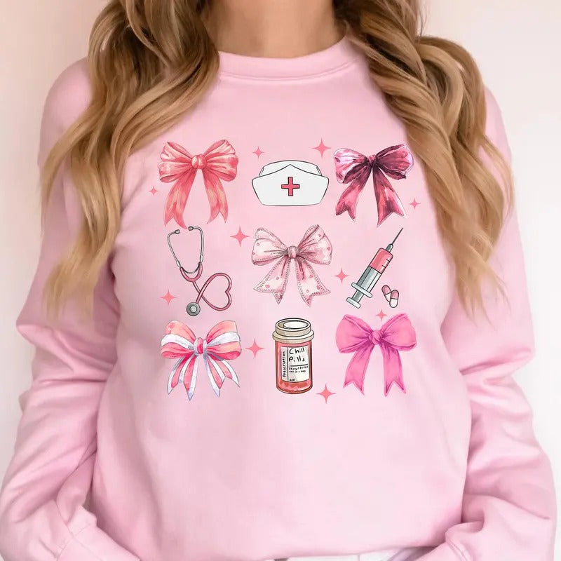 Coquette Nurse Sweatshirt, Pink Bow Nurse Sweatshirt, Girly Nurse Sweater, Nurse Gift Casual Comfort