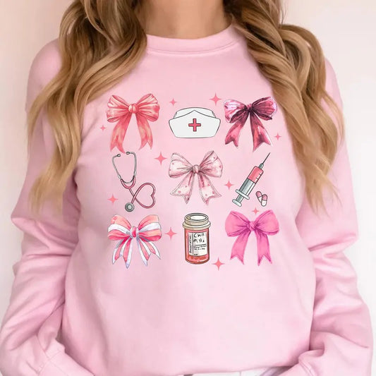 Coquette Nurse Sweatshirt, Pink Bow Nurse Sweatshirt, Girly Nurse Sweater, Nurse Gift Casual Comfort