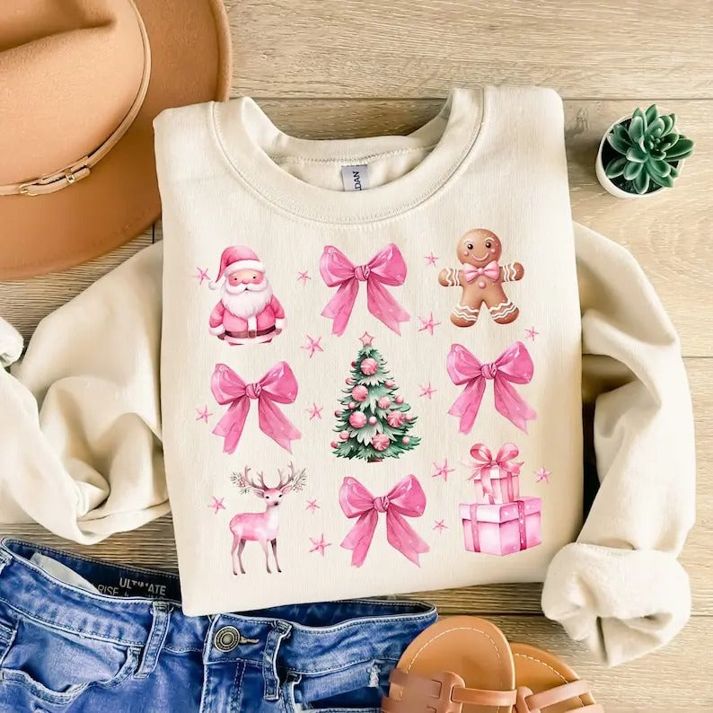 Coquette Pink Christmas Shirt, Pink Bow Christmas Sweatshirt, Trendy Santa Vintage Christmas, Christmas Tree