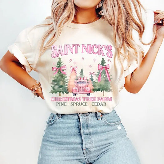 Coquette Pink Christmas Shirt, Saint Nicks Christmas Tree Farm Sweatshirt, Pink Bow Christmas, Trendy Santa Cotton Fabric