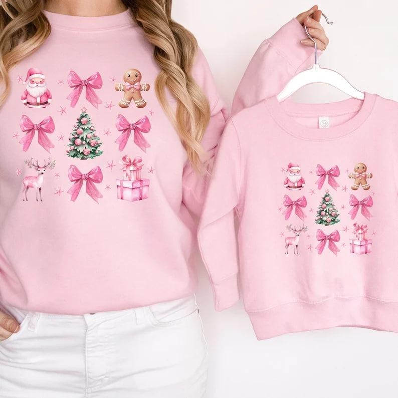 Coquette Pink Christmas Sweatshirt, Pink Bow Christmas Sweater, Trendy Santa Shirt, Xmas Christmas Sweatshirt, Vintage Christmas Crewneck, Christmas Tree, Winter Holiday Sweatshirt, Xmas Christmas Gift Shirtstyle{n002}2