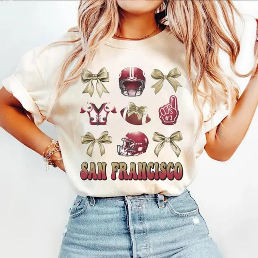 Coquette San Francisco Football Bow Shirt, San Francisco Football T-Shirt, Coquette Gift For Christmas, Football Fan, Game Day Shirt