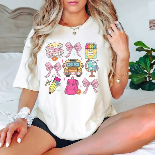 Coquette School Shirt,Back To School Shirts,Teacher Coquette Pink Bow T-Shirt,Cute Teacher Gift,First Day of School Tee,Teacher Appreciation, Lady Top, Full Sizes, Full Colors, Cotton Crewneck Shirt for Women, Womenswear, Graphic Printed Tee