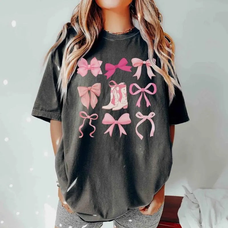 Coquette Shirt Western Cowgirl Shir,t Pink Bow Shirt, Cowboy Boots Coquette Aesthetic Girlie Girl, Trendy Bow Tee Country Girl