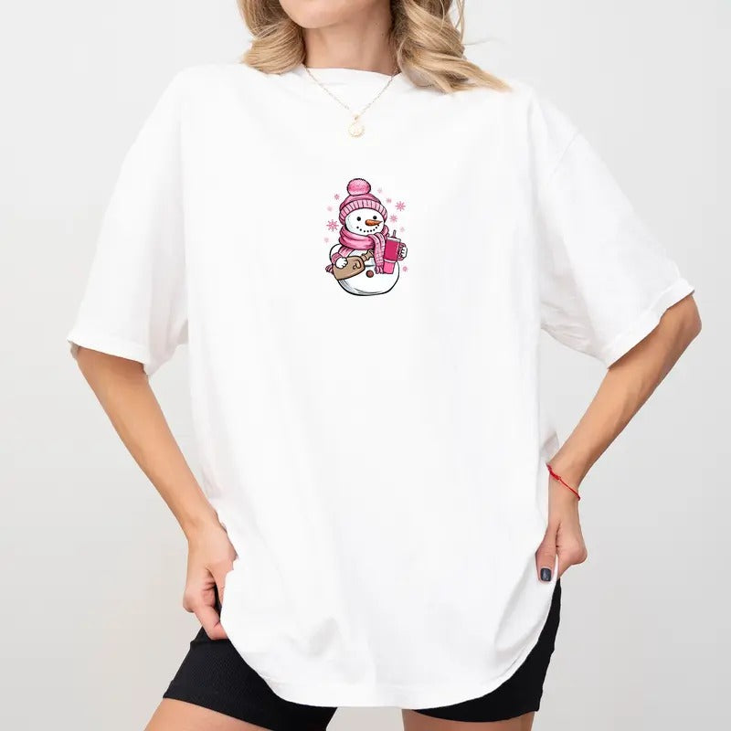 Coquette Snowman Comfort Colors Shirt, Pinky Christmas Snowman Unhinged Tees, Coquette Pink Christmas Tee, Cozy Season Oversized Graphic Tee