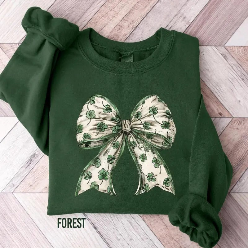Coquette St Patrick's Day Bow Sweatshirt, St Patrick's Day Shirt, Lucky Shamrock Shirt, St Patricks Gift, St Patty's Shirt, Irish Bow Shirts
