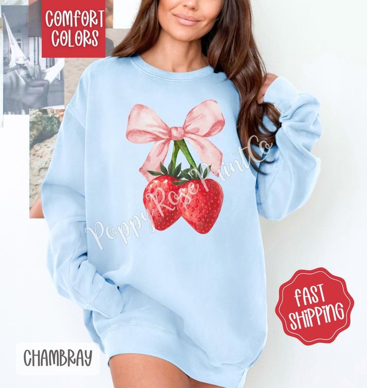 Coquette Strawberry Comfort Colors Sweatshirt, Fruit Summer Sweater, Cute Women's Crewneck