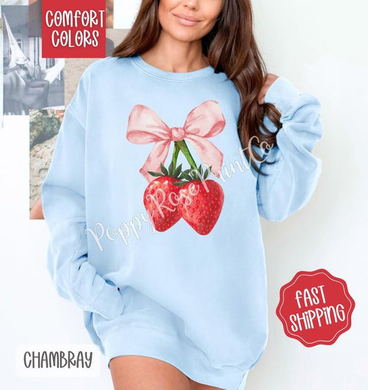 Coquette Strawberry Comfort Colors Sweatshirt, Fruit Summer Sweater, Cute Women's Crewneck
