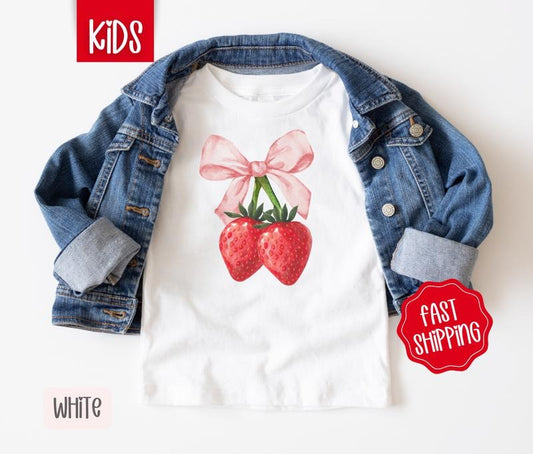 Coquette Strawberry Kids Shirt - Berry Bow Children's Tshirt - Cute Youth Tee Gildan