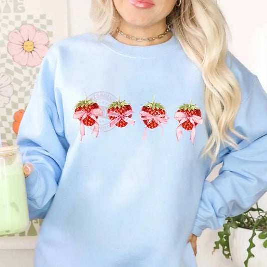 Coquette Strawberry Sweater, Pink Bow Shirt, Aesthetic Girl Shirt, Pink Ribbon Shirt, Soft Girl Gift Tee, Unisex Sweatshirt, Gifts For Women Family, Long Sleeve Crewneck Shirt, Unique Gifts For Women Sweater Womenswear Comfortable