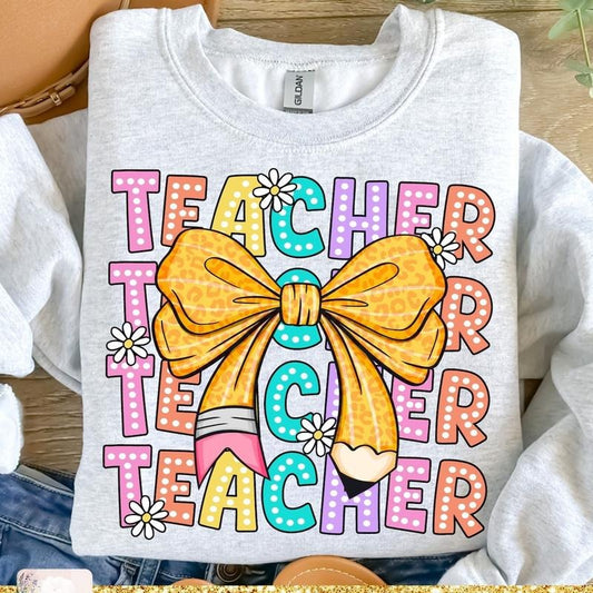 Coquette Teacher Shirt, Back to School T-shirt, Teacher Appreciation Gift, First Day of School, Bright Doodle Dots, Retro Teacher 6C9LC