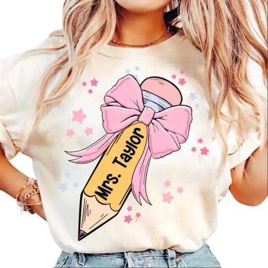 Coquette Teacher, Teacher Pencil Coquette Bow, Teaching Love Inspire, Back To School, Teacher Appreciation Gift Round Neck Cotton Fabric Top