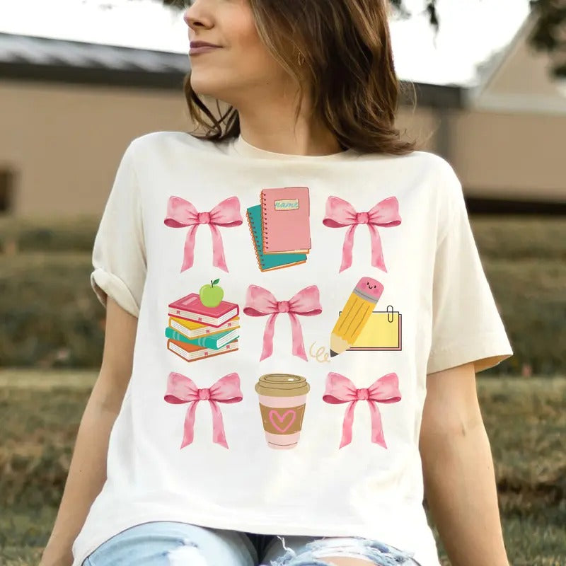 Coquette Tee Teacher Tshirt Books and Bows T-Shirts Teacher School Top Womens Teacher Tshirts Coffee and Pink Bows Tees School T-Shirts