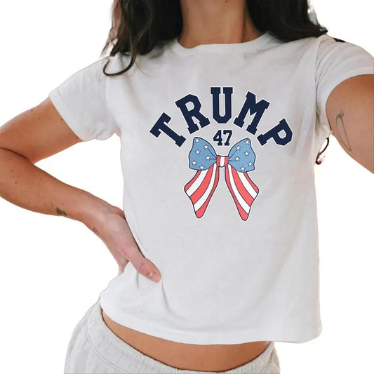 Coquette Trump 47 Baby Tee Preppy Varsity Maga Baby Tee American Flag Republican Crewneck Casual Comfort
