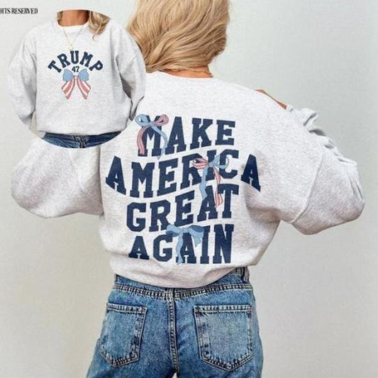 Coquette Trump 47 Sweatshirt Preppy Varsity MAGA Sweater American Flag Republican Crewneck Cute Patriotic Bows Sweatshirt Conservative Gift