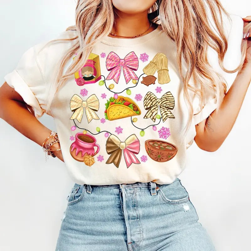 Coquette bow Christmas Mexican Shirt, Pantasmas Christmas Sweatshirt, Feliz Navidad Tee, Conchas Hoodie Cotton Fabric Knit Top Womenswear Bottom