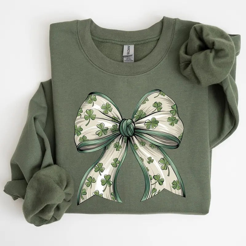 Coquette, Lucky, Bow, Shamrock, Clover, Irish, Lucky Charm, St Patrick's Day Sweatshirt, Crew Neck, Women's, Crewneck