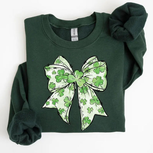 Coquette, St. Paddy's Day Bow, Clover, Lucky, Irish, Lucky Charm, St Patrick's Day Sweatshirt, Crew Neck, Women's, Crewneck