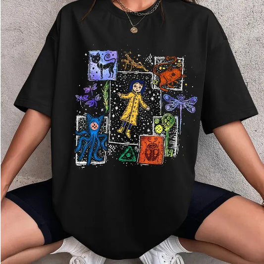 Coraline Dreaming Colorful Shirt, Horror Coraline movies, Horror Character Shirt, Halloween Crewneck Sweatshirt
