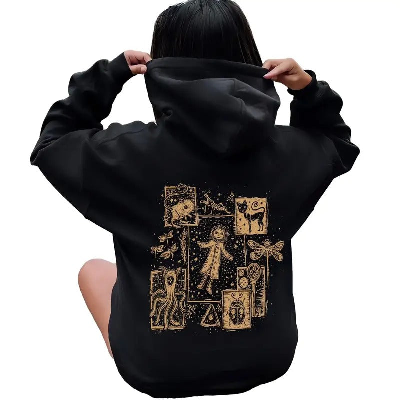 Coraline Hoodie, Coraline Cat Hoodie, Button Eyes Sweatshirt, Dreaming Shirt, Coraline Jones Tee Piece Retro Casual Cotton Collar Fabric