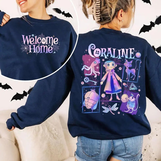 Coraline Spooky Movie Double Side Shirt Sweatshirt Hoodie, Coraline Doodle Halloween TShirt, Horror Cartoon Shirts, Cartoon Halloween Gift