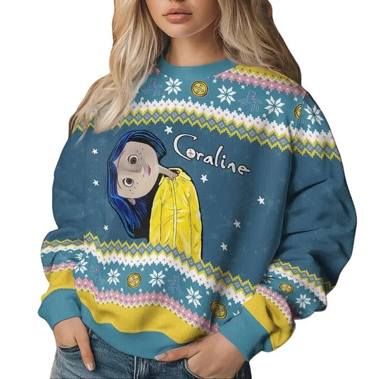 Coraline Ugly Christmas  Sweater, Vintage Horror Characters Sweatshirt, Spooky Movie Shirt, Coraline Doll Sweater, Xmas Sweater Shirt