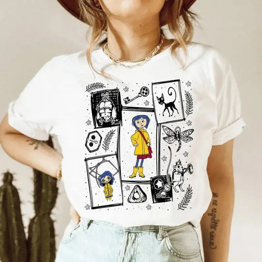 Coraline doll Shirt, Coraline Halloween, famous horror movie t shirt, Halloween Horror Character Shirt, Halloween Crewneck gift for girlfriends, Coral.inee Sweatshirt, black cat sweater