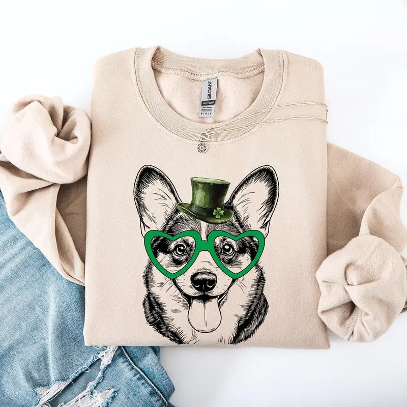 Corgi, Adorable Dog, St Patrick's Day, Lucky, Irish Sweatshirt, Crew Neck, Women's, Crewneck