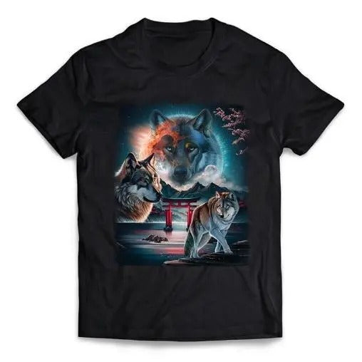 Cosmic Wolf in Japanese Mountain with Sakura and Torii Gate, Short-Sleeve Unisex T-Shirt Made in USA