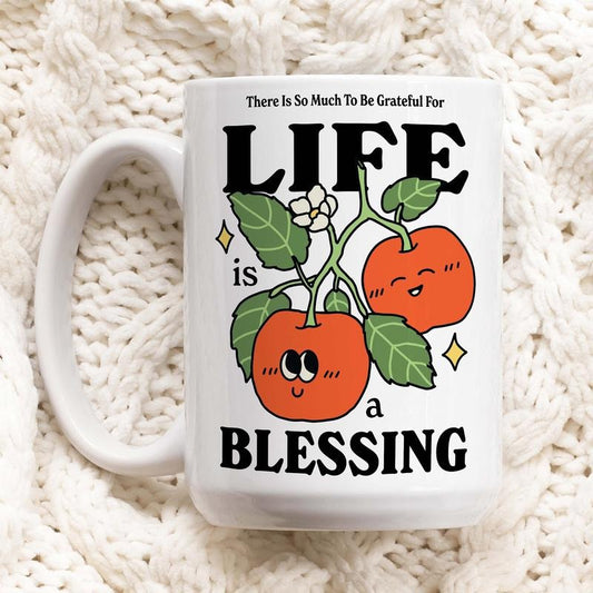 Cottagecore Christian Mug, Life Is A Blessing Gratitude Coffee Mug, Positive Quote, Retro Ceramic Cup, Cute Novelty Gift, Fruit Illustration, Novelty Coffee Mug, Gifts For Men Women, 11 15oz Ceramic Cup Drinkware Printed