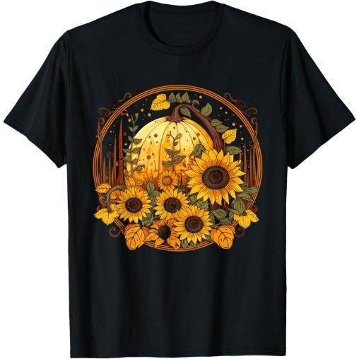 Cottagecore Pumpkin Fall Autumn Sunflowers Graphic T-Shirt Made in USA