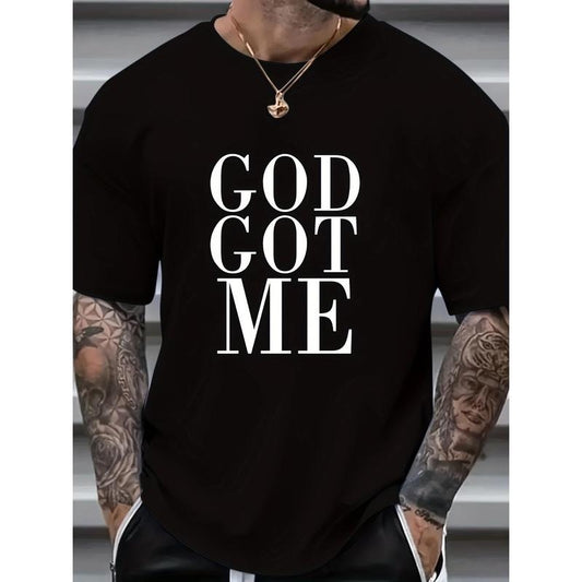 [Cotton  Graphic Tee] 100% Cotton  Men's God Got Me Graphic Tee - Comfortable Durable Stylish Casual Clothing - 1 pc Short Sleeve Summer Wear Made in USA