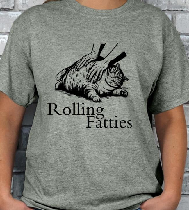 Rolling Fatties Funny Fat Cat Lovers T-shirt Casual Crewneck Softstyle Tee for Women & Men Loose Fit Poly/Cotton Blend Machine Washable Comfortable Top