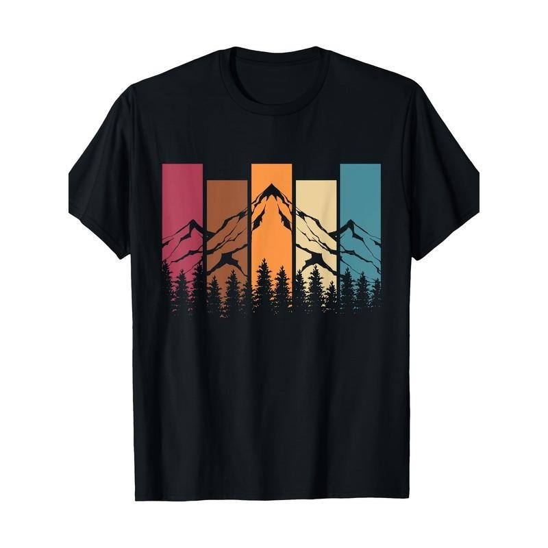 Cotton Crew Neck T-Shirt with Geometric Mountain Pattern - Regular Fit All-Season Knit Fabric Tee with Digital Heat Transfer Print - Casual Weekend Wear, No Lining, Short Sleeve Pullover Made in USA