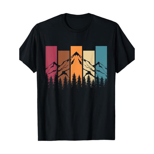 Cotton Crew Neck T-Shirt with Geometric Mountain Pattern - Regular Fit All-Season Knit Fabric Tee with Digital Heat Transfer Print - Casual Weekend Wear, No Lining, Short Sleeve Pullover Made in USA