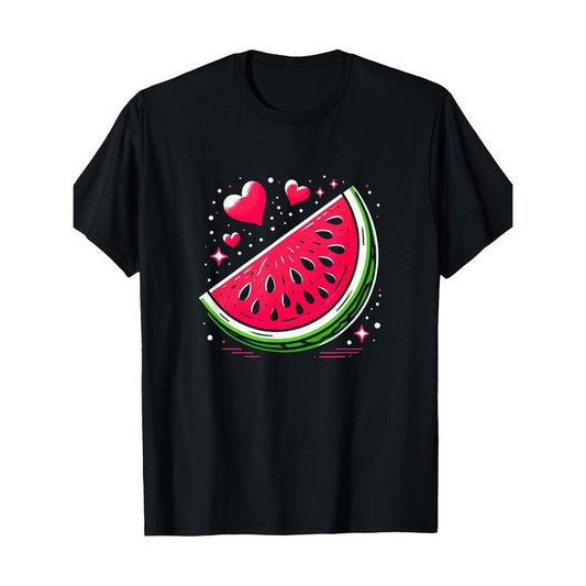 Cotton Crew Neck T-Shirt with Watermelon Heart Geometric Print, Digital Heat Transfer, Regular Fit, Short Sleeve, All-Season Knit Fabric - Casual Wear Made in USA