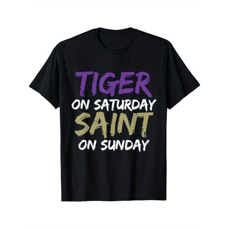 [Cotton Graphic Gamer Tee] Cotton Graphic T-Shirt - Tiger on Saturday Saint on Sunday Printed Men's Casual Short Sleeve Crew Neck Gamer Tee for Outdoor Made in USA