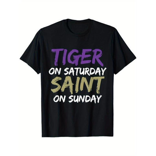 [Cotton Graphic Gamer Tee] Cotton Graphic T-Shirt - Tiger on Saturday Saint on Sunday Printed Men's Casual Short Sleeve Crew Neck Gamer Tee for Outdoor Made in USA