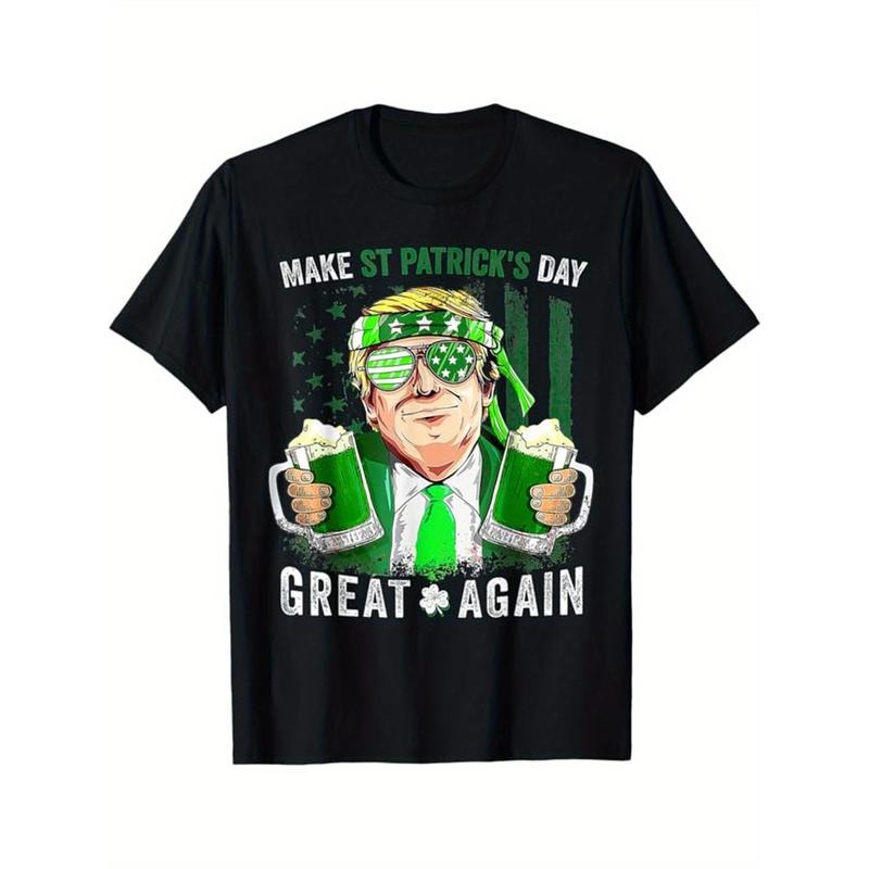 [Cotton Graphic Tee] Men's Cotton Graphic Tee - St. Patrick's Day Print T-shirt - Casual Short Sleeve Crew Neck Tops Made in USA