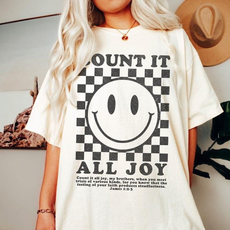 Count it All Joy Tshirt, Retro Christian Shirt, Preppy Christian Shirt, Bible Verse Tee, Oversized Christian Tee