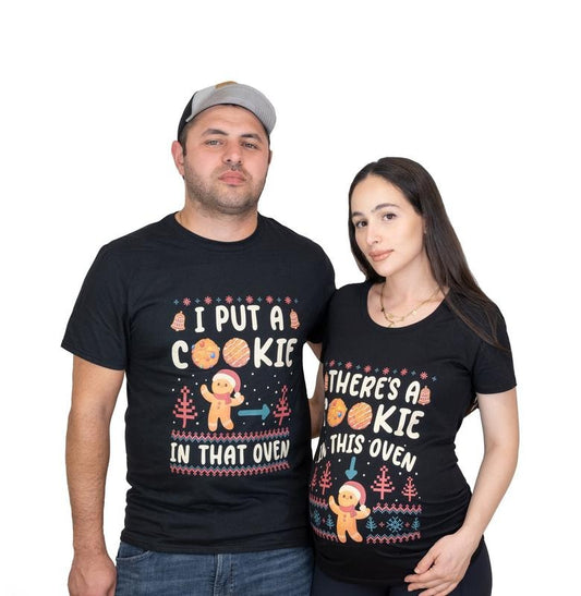 Couple Christmas Matching Shirts, There Is A Cookie In This Oven Maternity Pregnancy Tee Shirt, Baking Cookie New Baby Tees, Unisex Short Sleeve Tee Shirt