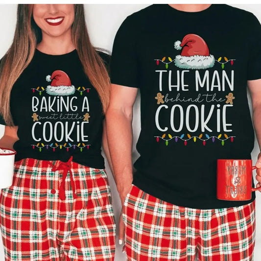 Couple Pregnancy Announcement Christmas Shirts, Funny Pregnancy Christmas Matching TShirts for Couples, Pregnant Couple Cookie Holiday Tee