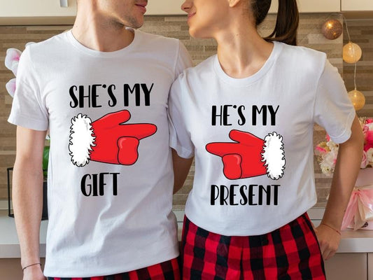 Couples Christmas Party Shirt, She's My Gift Shirt, He's My Present T-Shirt, Husband Wife Christmas Gift Short Sleeve, Funny Matching Boyfriend And Girlfriend Shirt For Holiday.